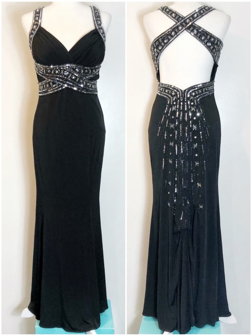 Adrianna Papell Black Tie Prom Dress Formal Train Beaded Sequin Open Back Gown